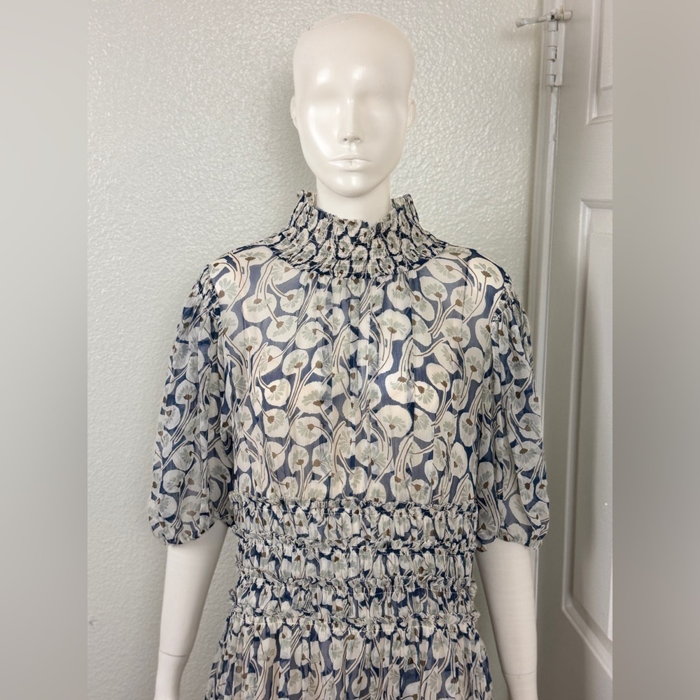 Rebecca Taylor Cottagecore Floral Blue and Cream Long Dress Size 12 F45 - Picture 9 of 16